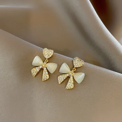 Heart Bow Zircon Korean Stud Earrings for Women – Elegant Golden Alloy Earrings